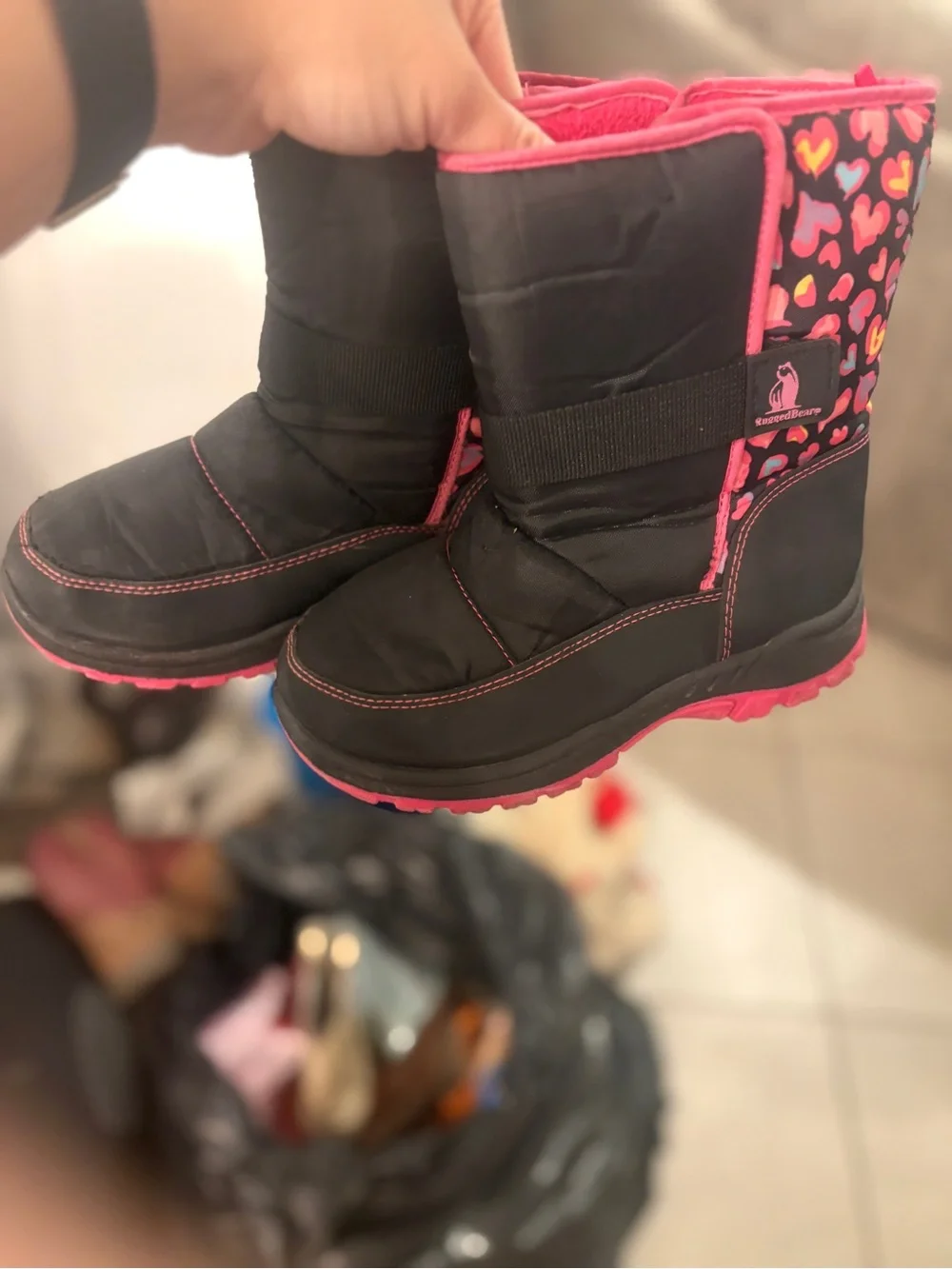 Kids Black Winter Boots with Pink Trim